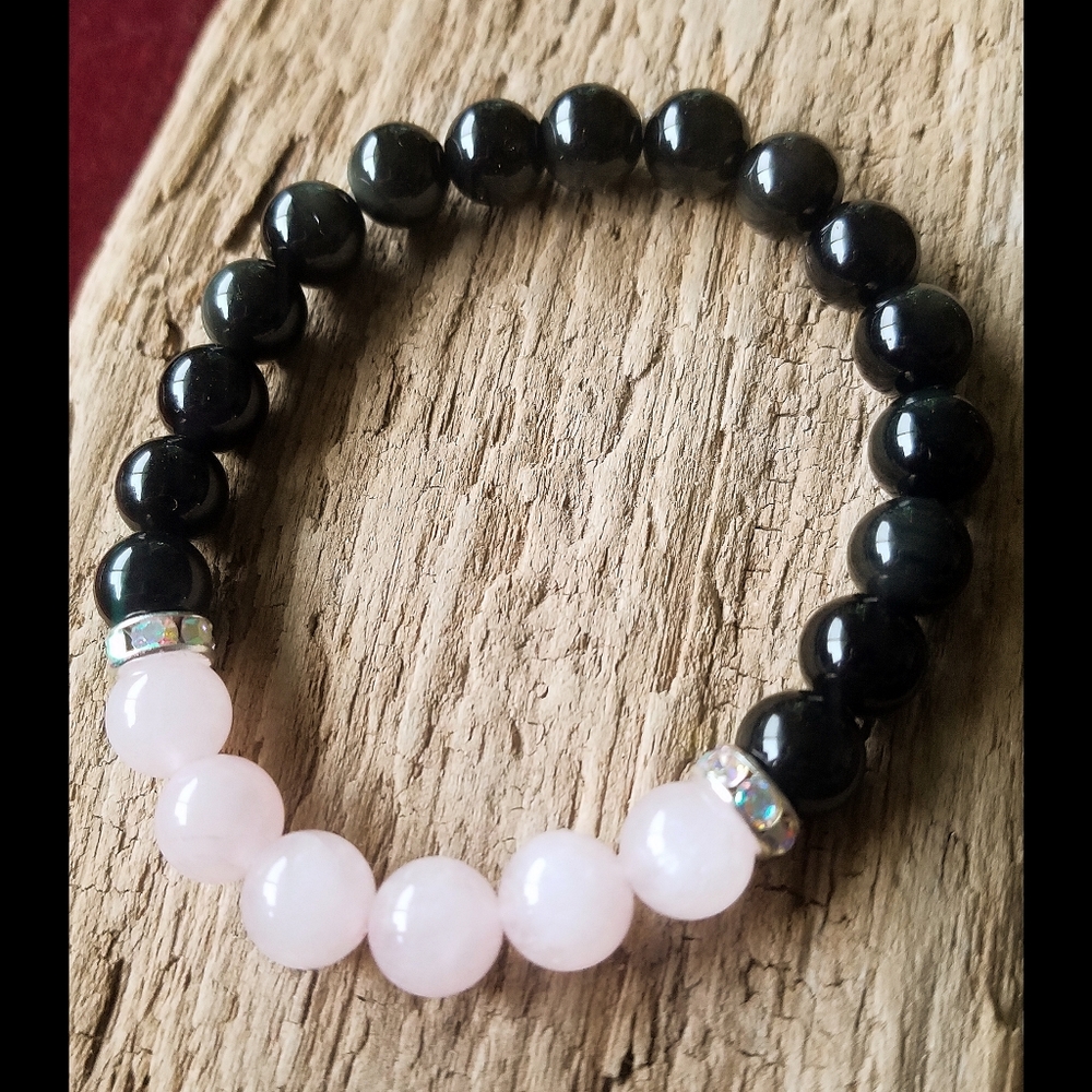 🌙💖Rose Quartz & Obsidian Stone Bracelet